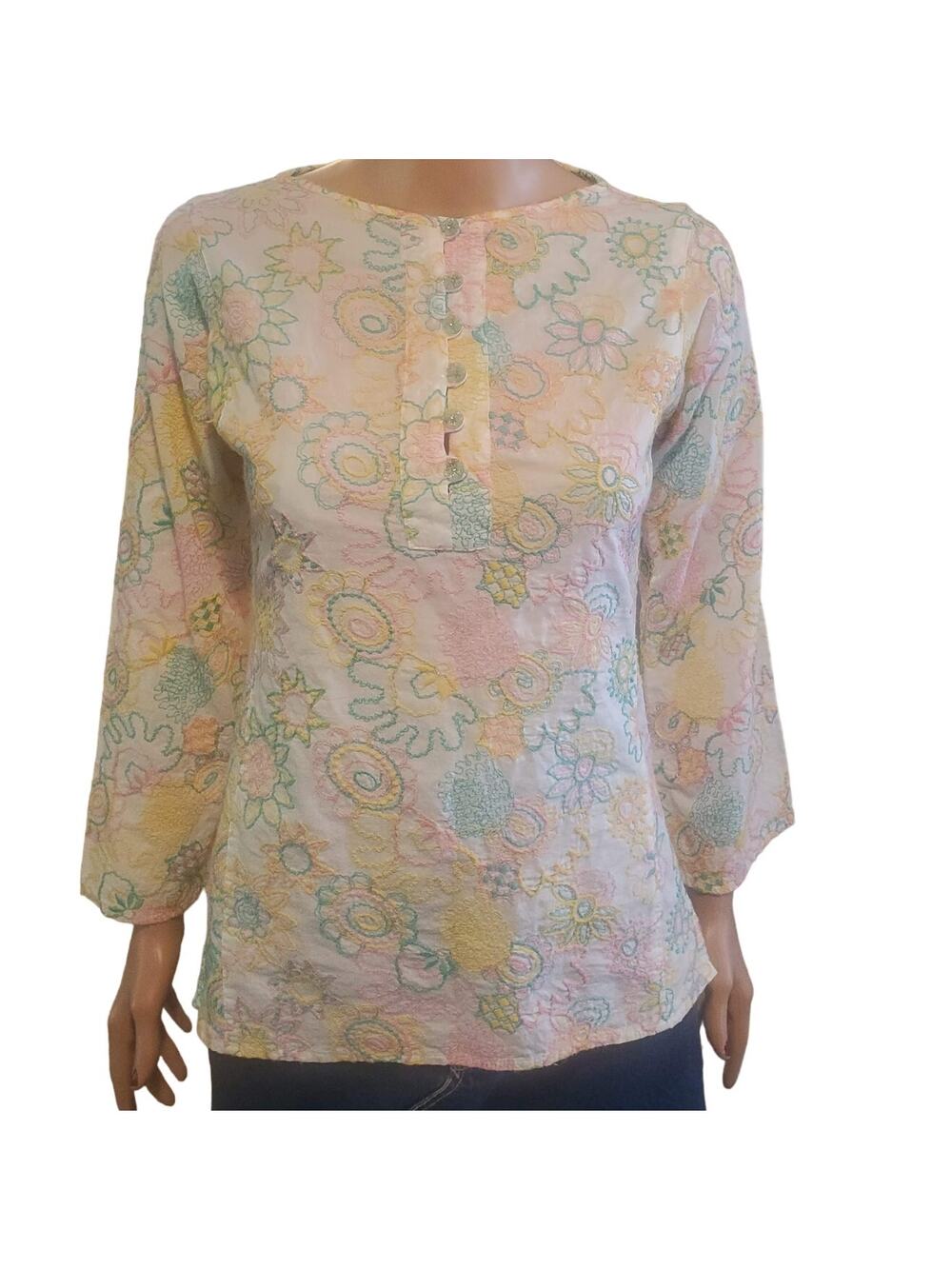 Milly New York Size 2 XS Floral Pastel Embroidered Tunic Popover Top Cotton
